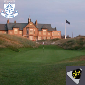 The green at hole 9 on St Annes Old Links golf course with the clubhouse in the background.