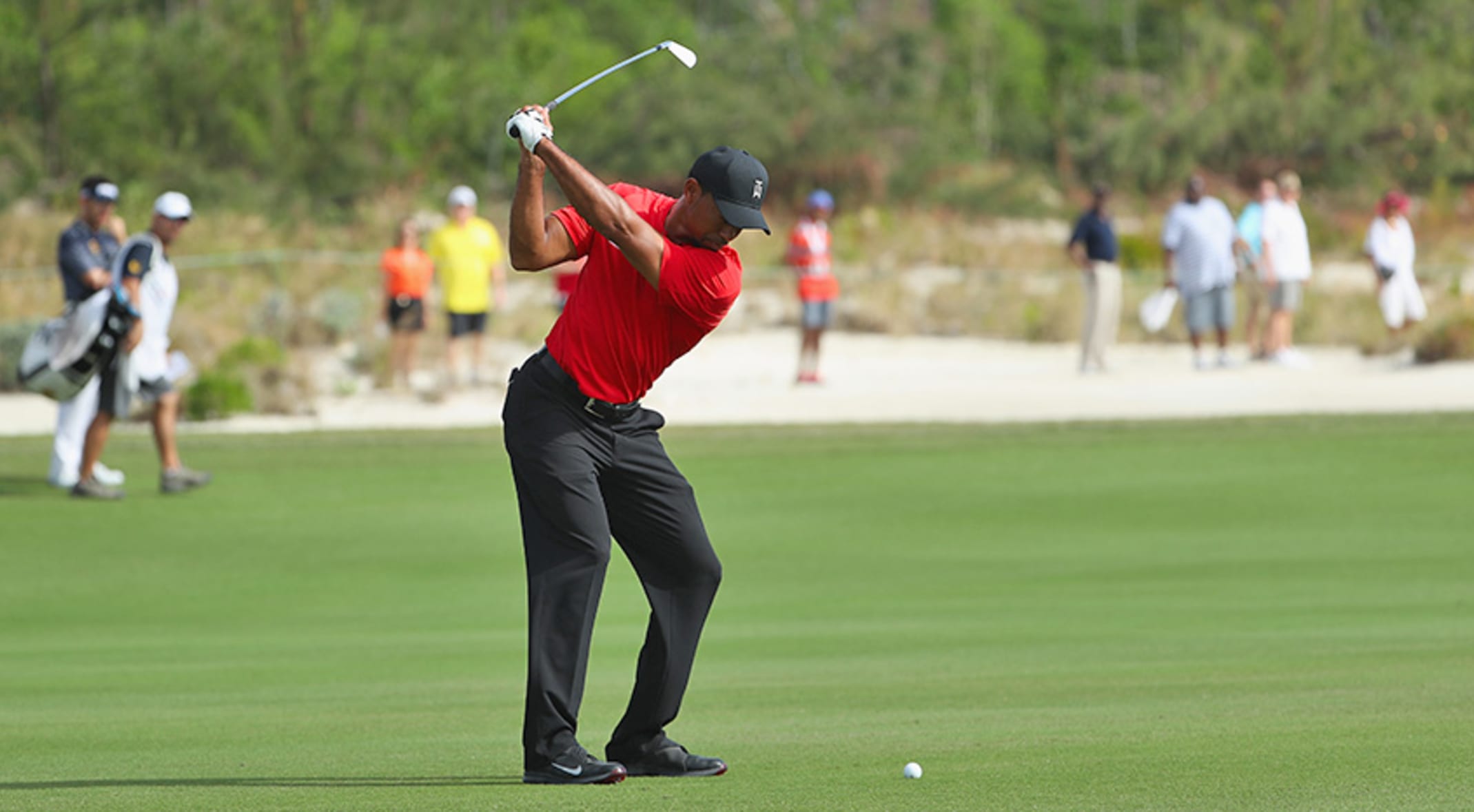 Tiger Woods mid golf swing, taken from behind